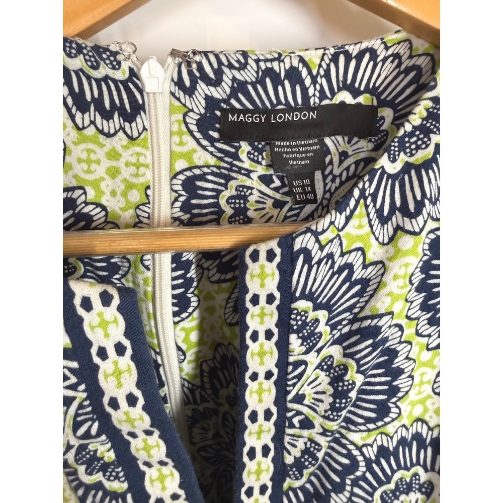 Maggy London Blue Lime Green Floral Medallion Fit & Flare Dress Size 10 Summer - Picture 5 of 11